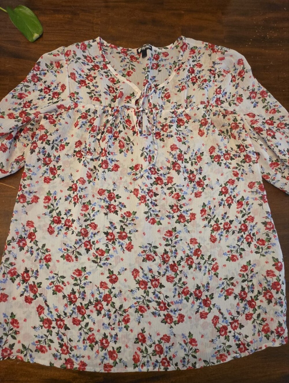 Lily White Floral Blouse – Cream, Red & Blue Tie-Front Peasant Top